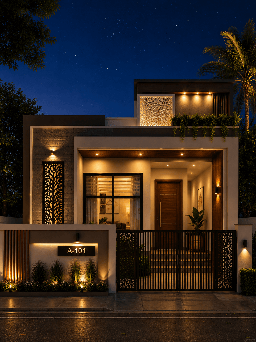 Elegant Modern Ground Floor House Design - Night View