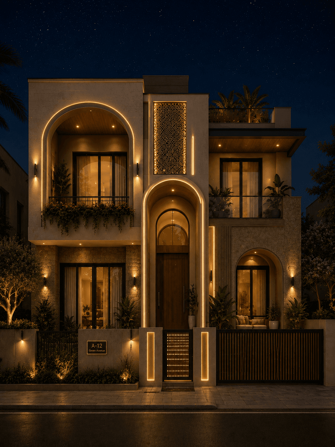 Luxury Arched G+1 House Design with Grand Entrance - Night View
