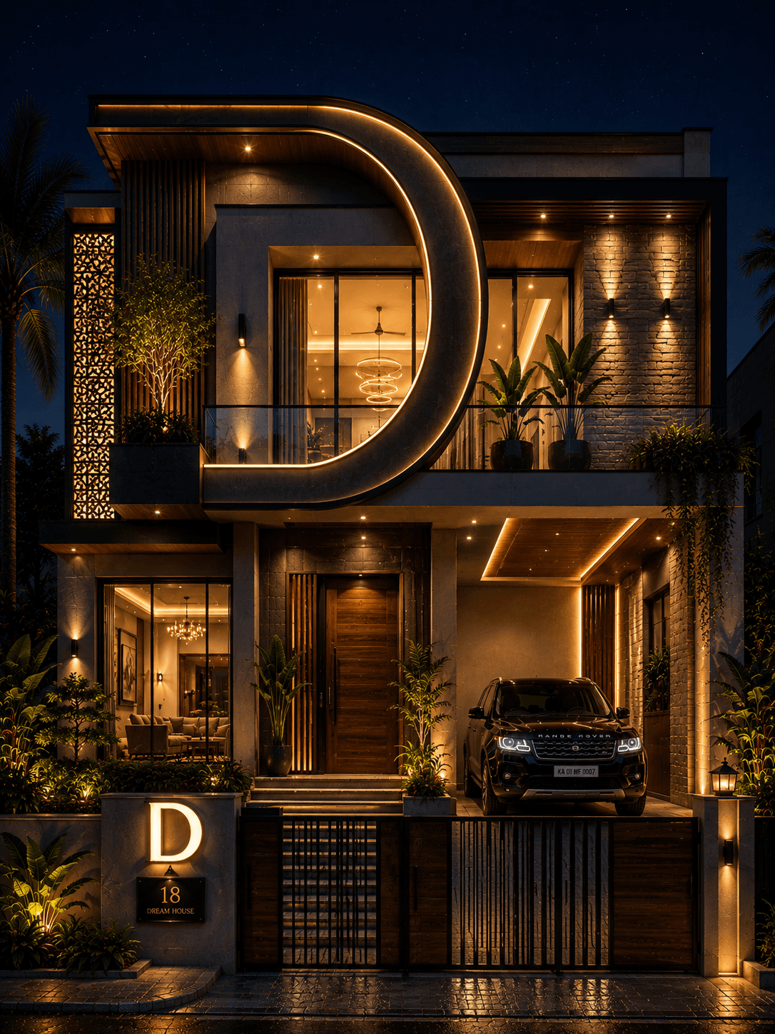 Luxury Curved Frame G+1 House Design - Night View