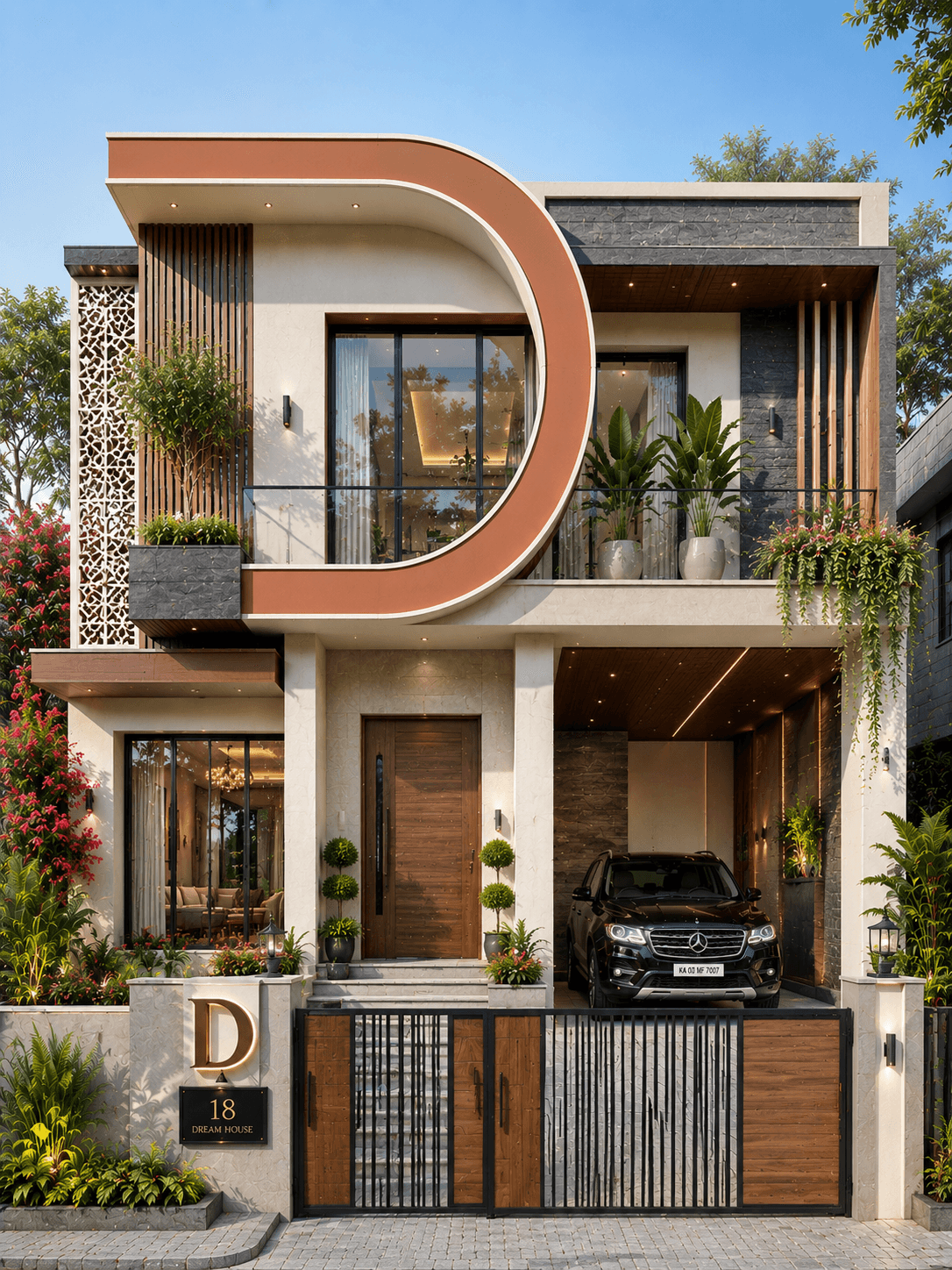 Luxury Curved Frame G+1 House Design - Alternate Facade