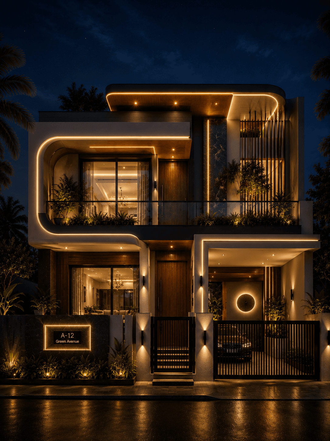 Luxury Curved White G+1 House Design with Floating Roof - Night View