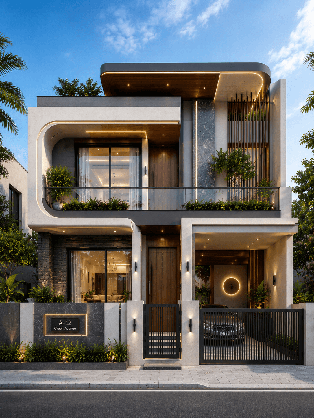 Luxury Curved White G+1 House Design with Floating Roof - Alternate Facade