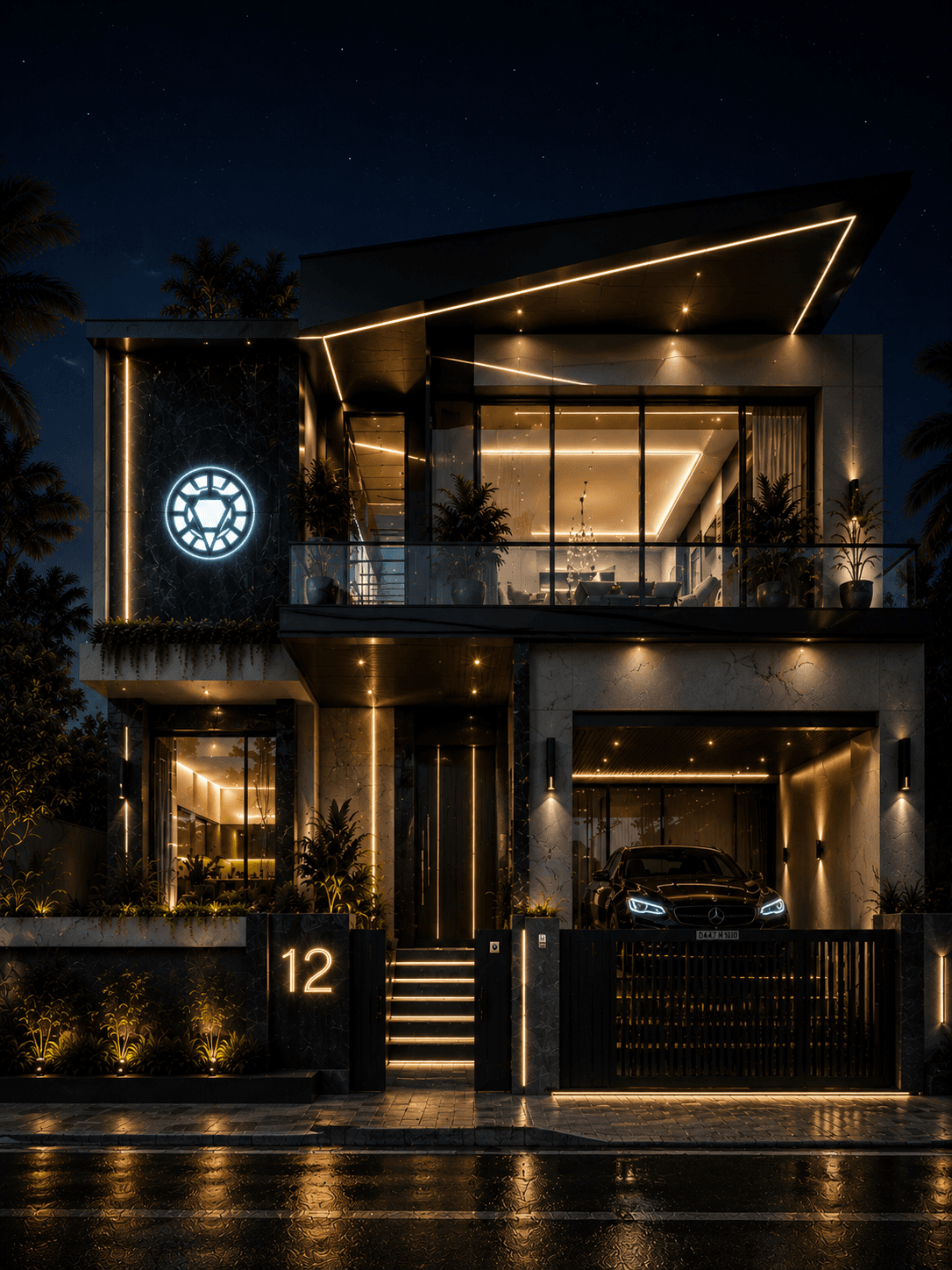 Luxury Futuristic Smart Home Design (G+1) - Night View