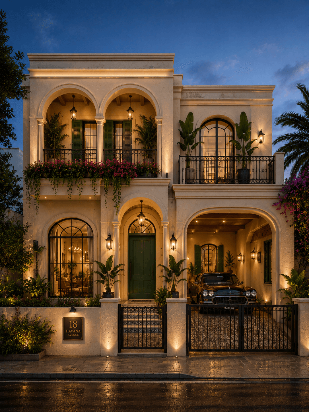 Luxury Havana Style G+1 House Design with Mediterranean Facade - Night View