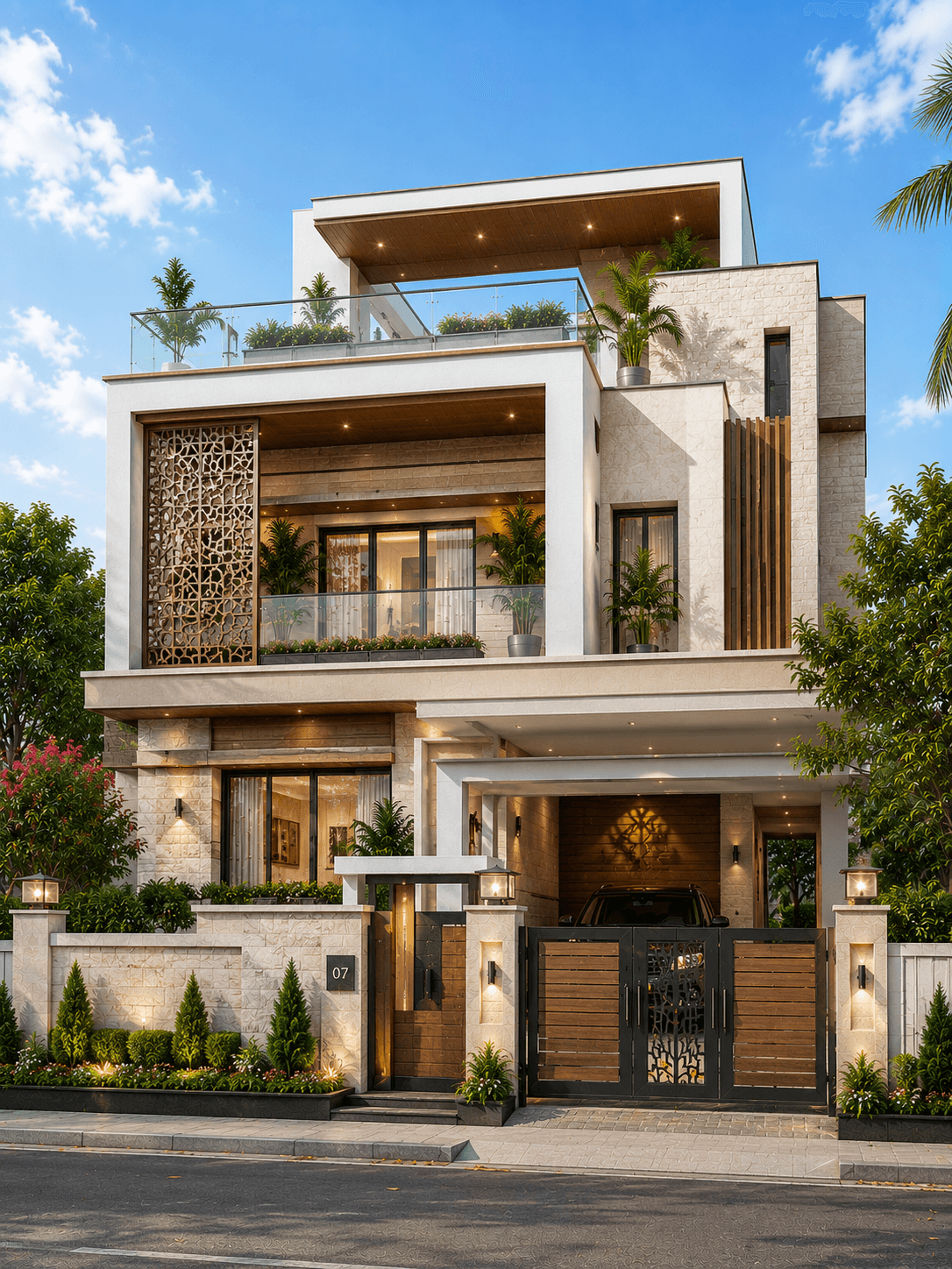 Luxury Modern G+2 House Design with Open Terrace