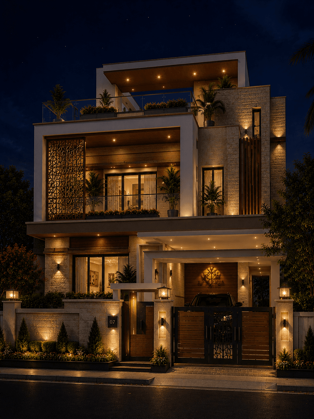 Luxury Modern G+2 House Design with Open Terrace - Night View