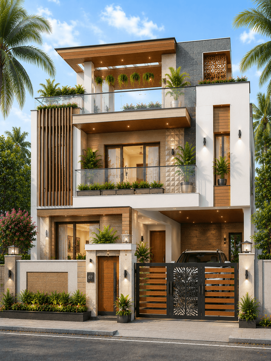 Luxury Modern G+2 House Design with Open Terrace - Alternate Facade