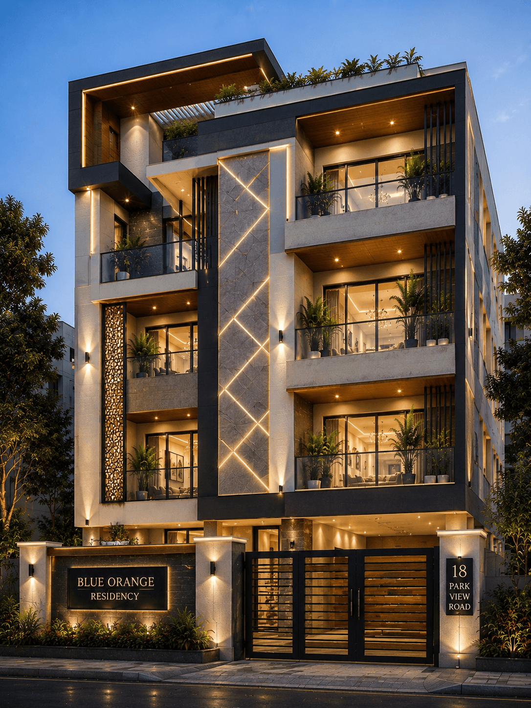 Luxury Skyline Crest G+3 Apartment Design - Night View