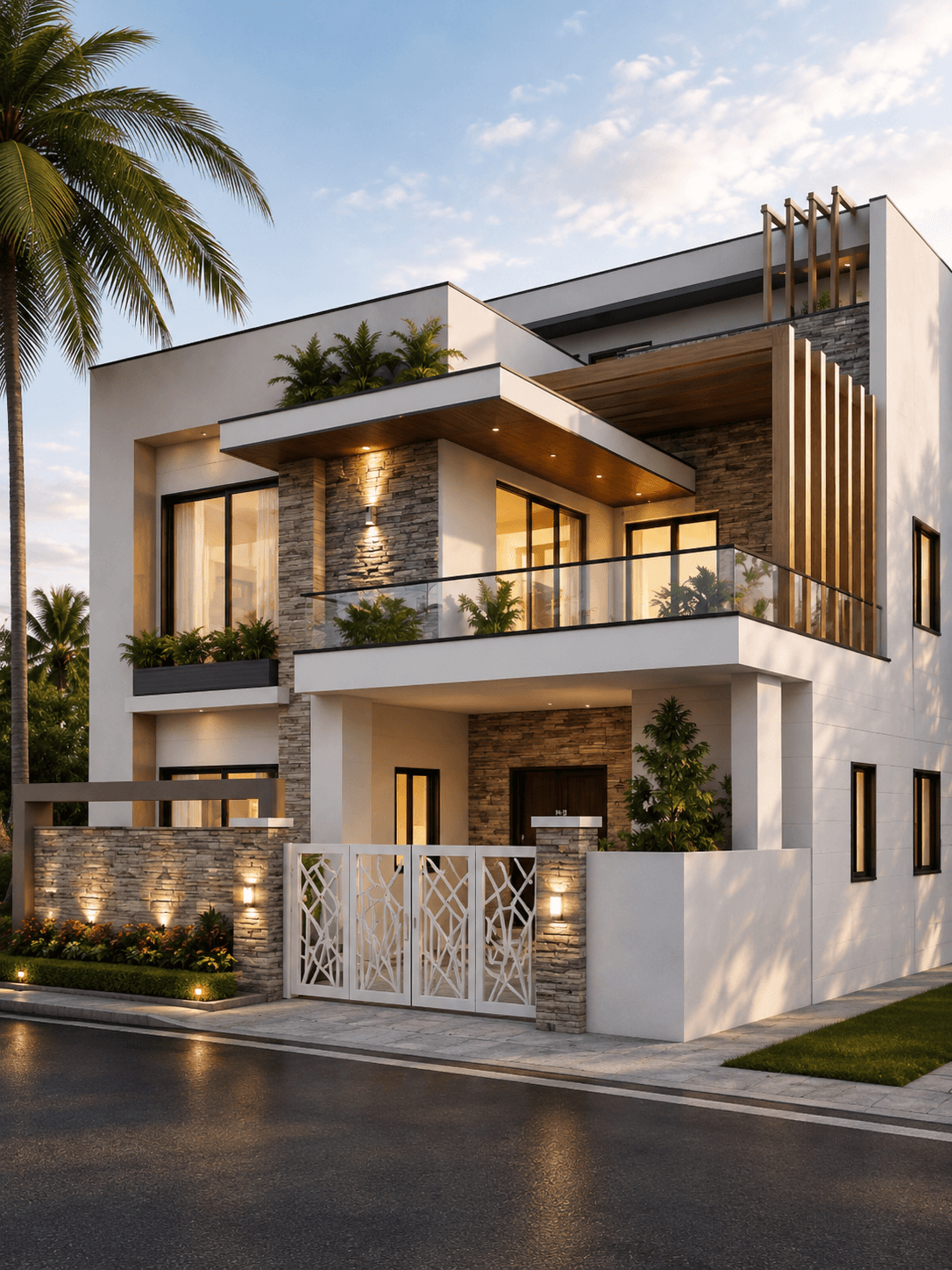 Luxury Stone & White G+1 House Design with Wraparound Balcony