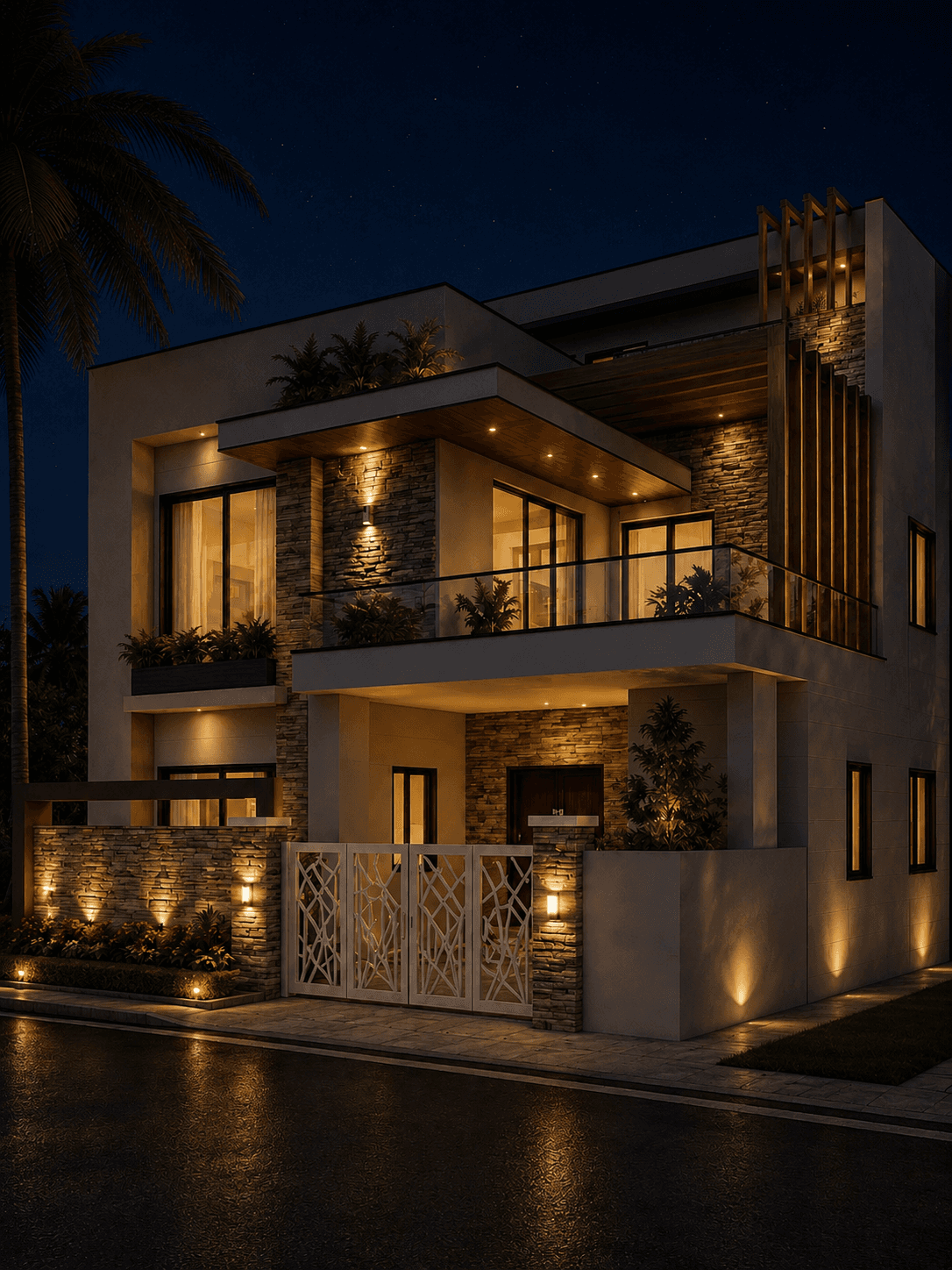 Luxury Stone & White G+1 House Design with Wraparound Balcony - Night View