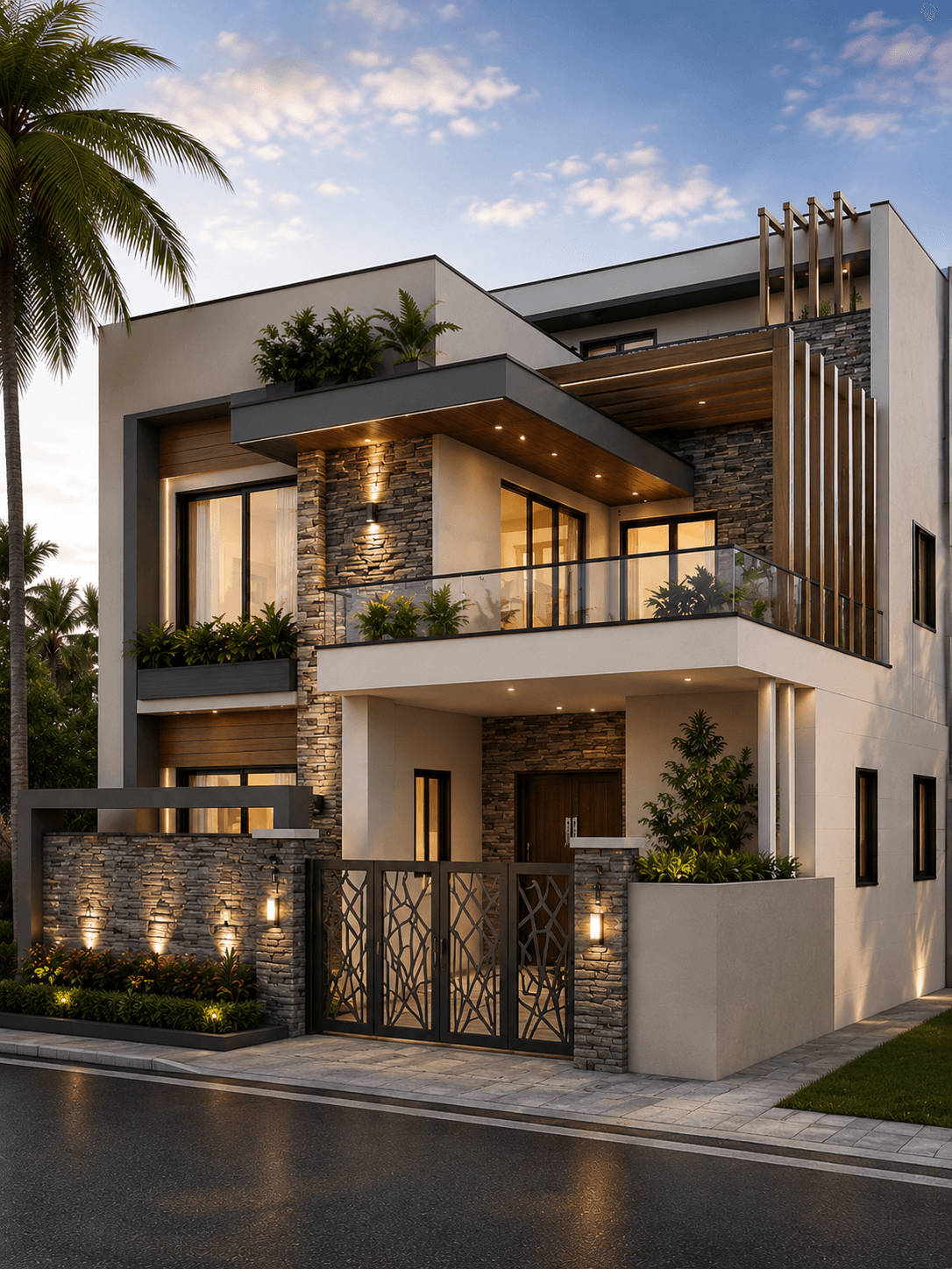 Luxury Stone & White G+1 House Design with Wraparound Balcony - Alternate Facade