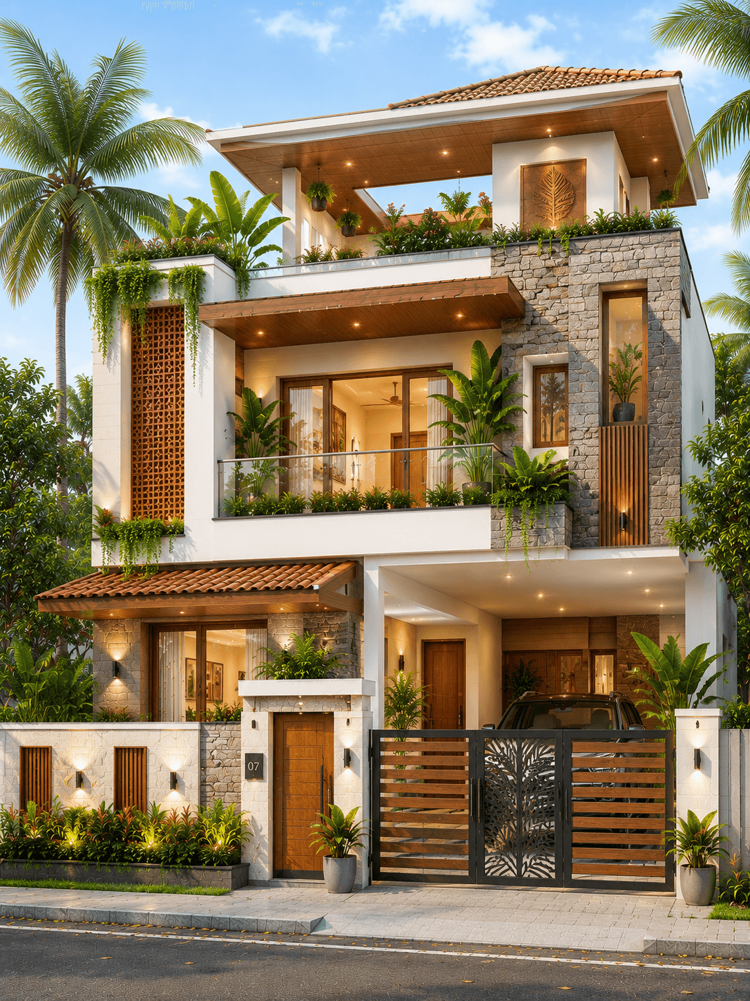 Luxury Tropical G+2 House Design with Rooftop Terrace