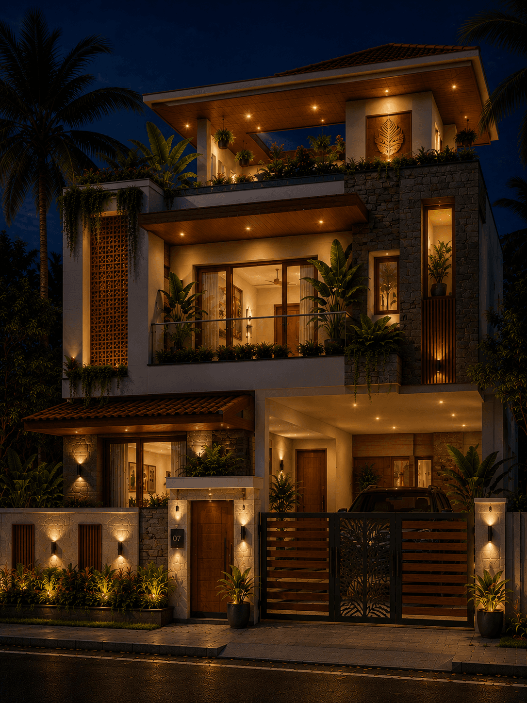 Luxury Tropical G+2 House Design with Rooftop Terrace - Night View