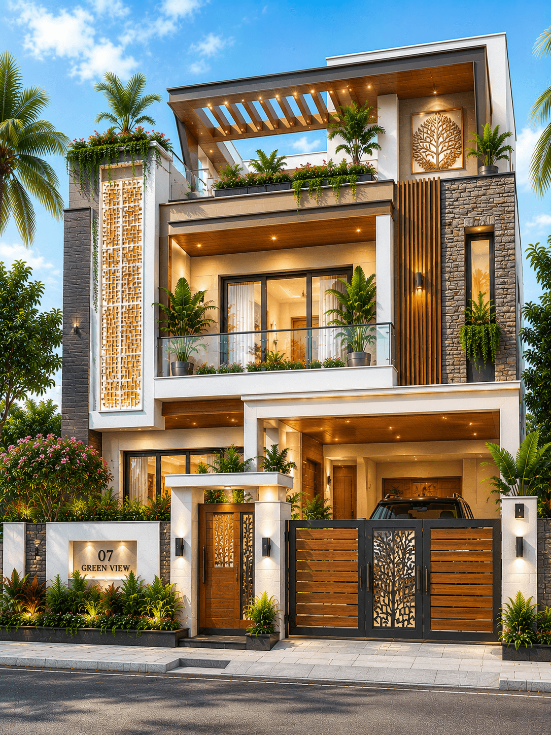 Luxury Tropical G+2 House Design with Rooftop Terrace - Alternate Facade