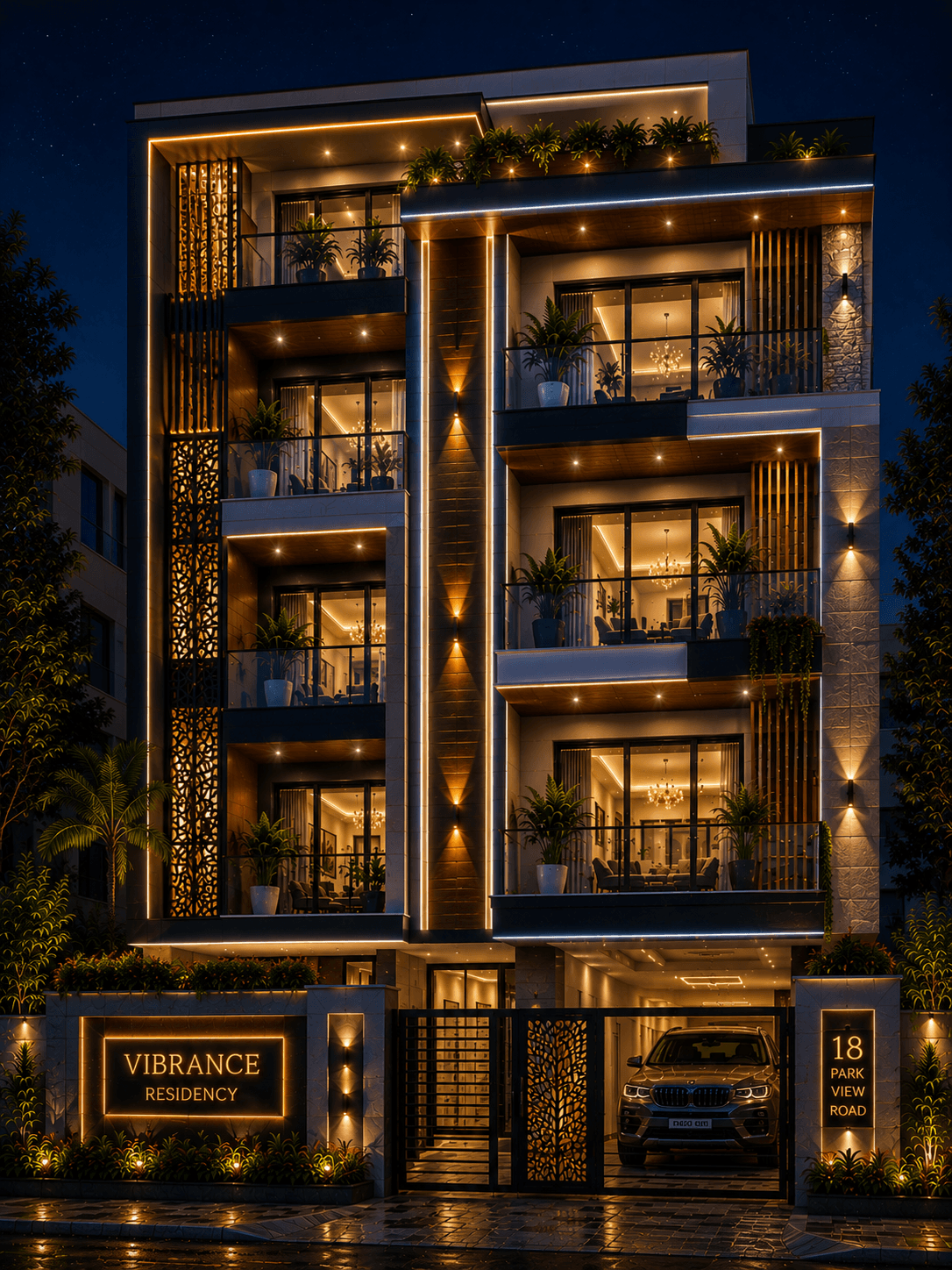 Luxury Vibrance G+3 Apartment Design - Night View