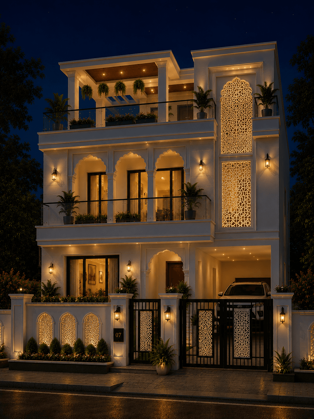 Luxury White Indo-Modern G+2 House Design - Night View