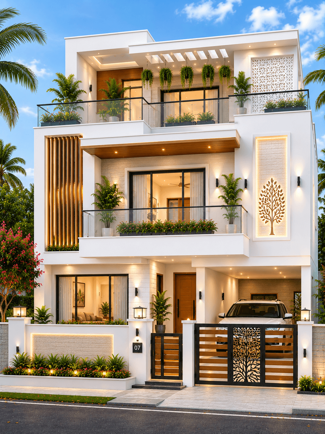 Luxury White Indo-Modern G+2 House Design - Alternate Facade
