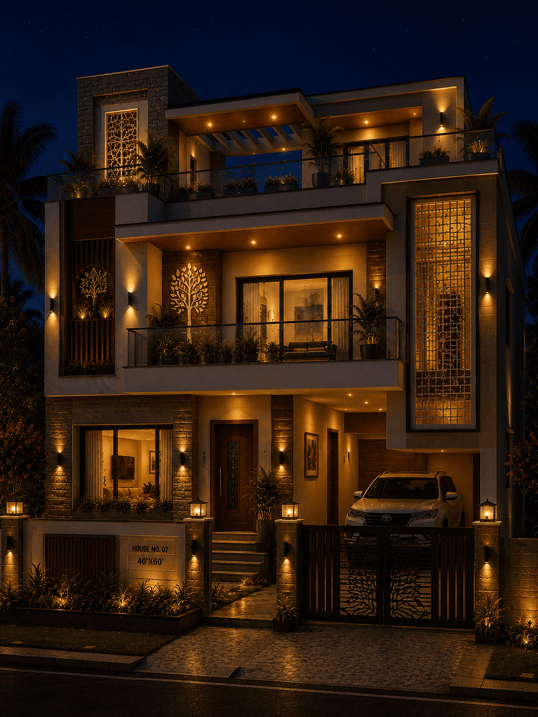 Luxury White Stone G+2 House Design with Rooftop Pergola - Night View