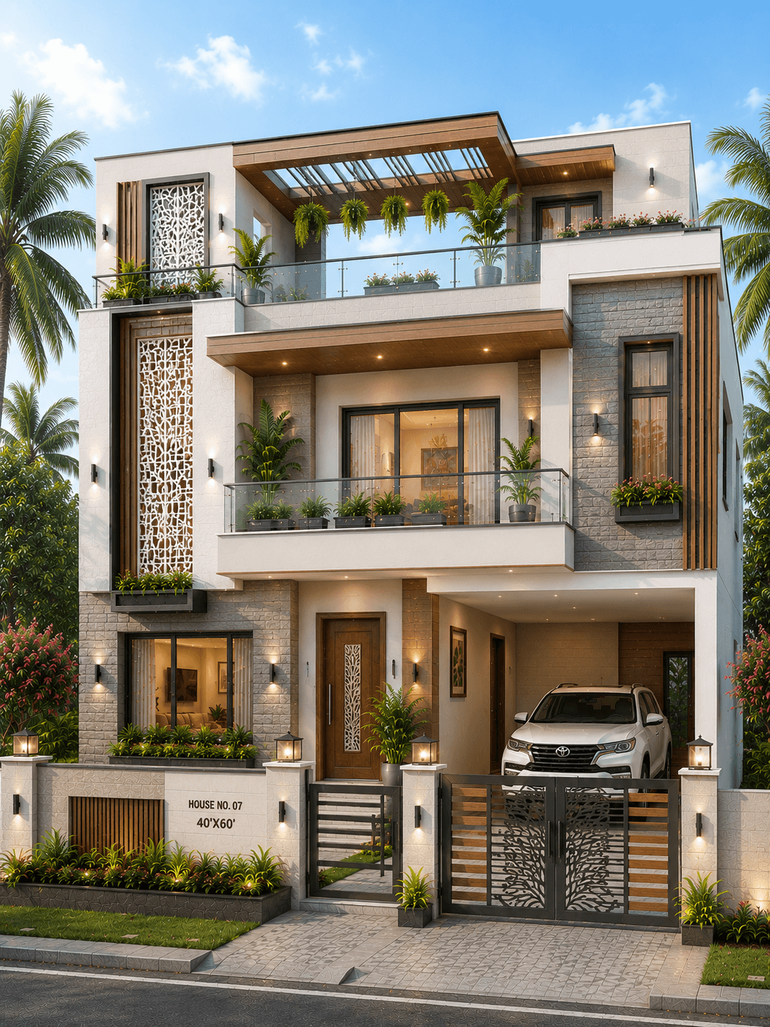 Luxury White Stone G+2 House Design with Rooftop Pergola - Alternate Facade