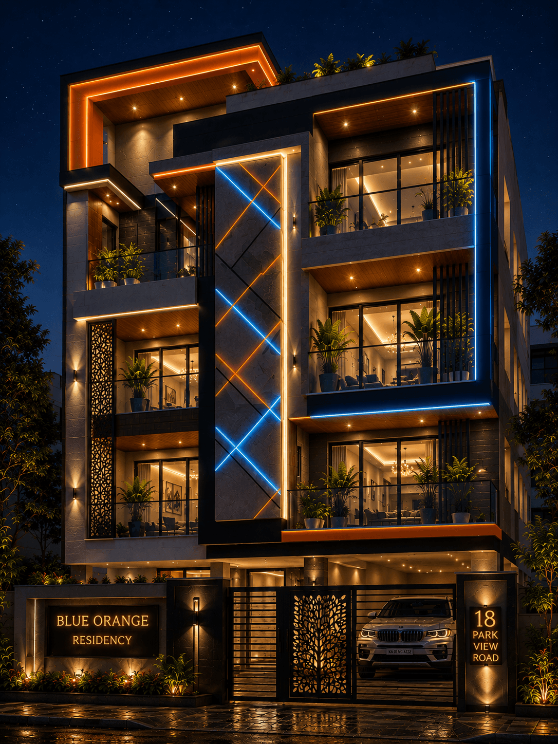 Modern Blue & Orange G+3 House Design - Night View