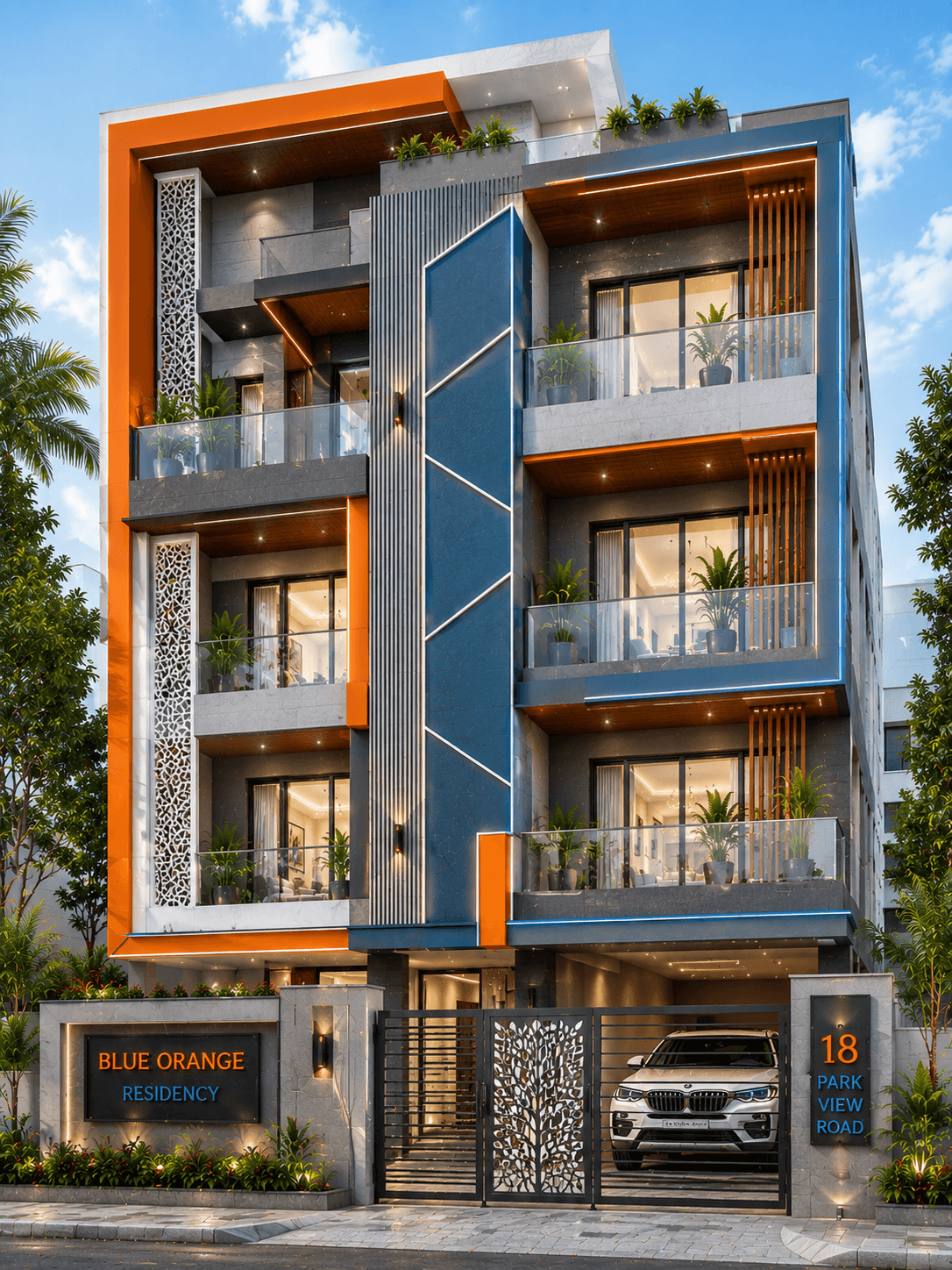 Modern Blue & Orange G+3 House Design - Alternate Facade