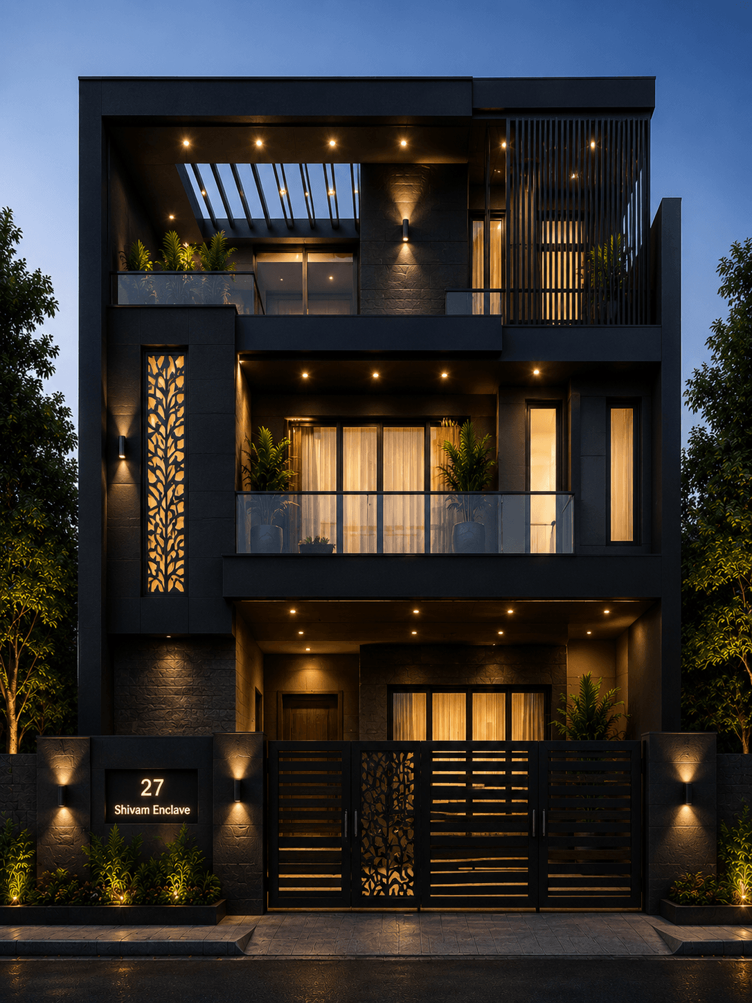 Modern Charcoal Grey G+2 House Design - Night View
