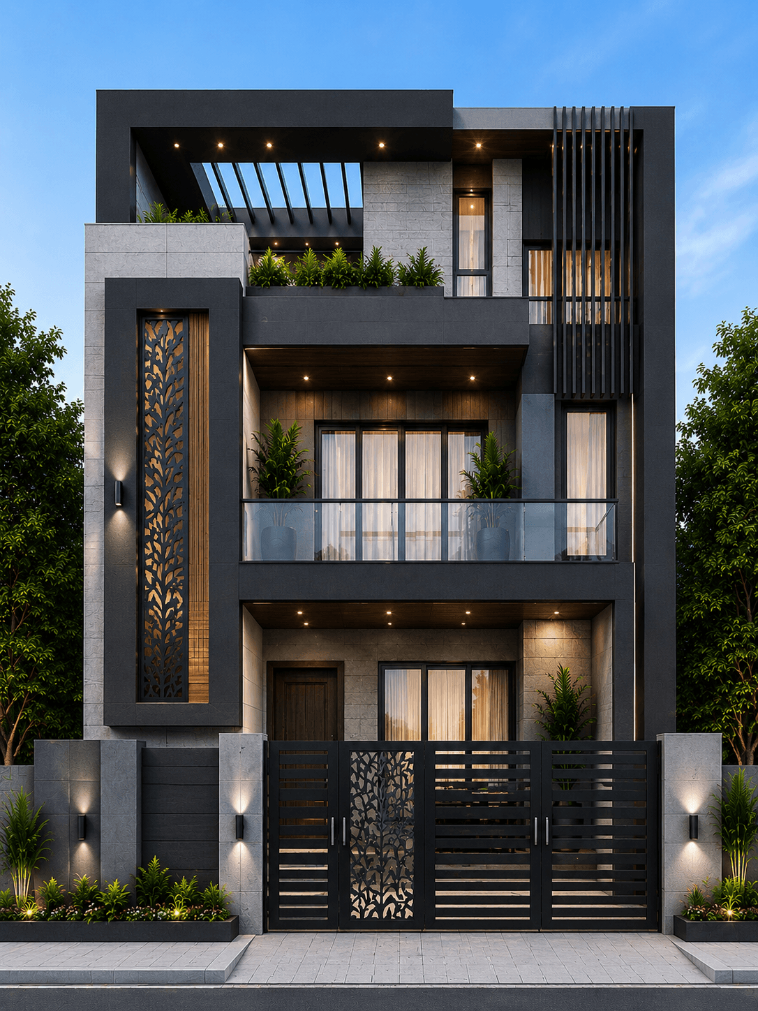 Modern Charcoal Grey G+2 House Design - Alternate Facade