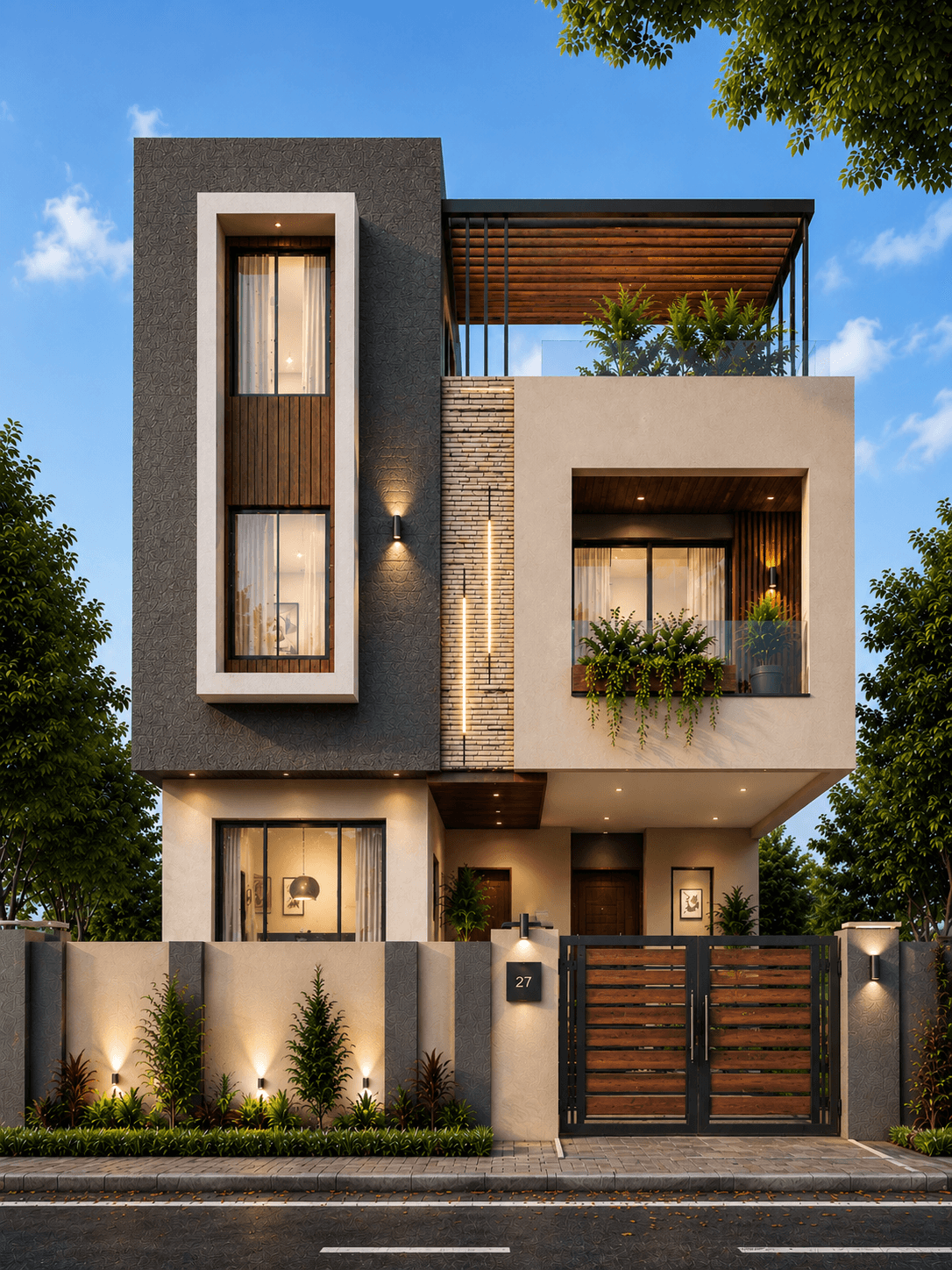 Modern Charcoal & Wood G+1 House Design