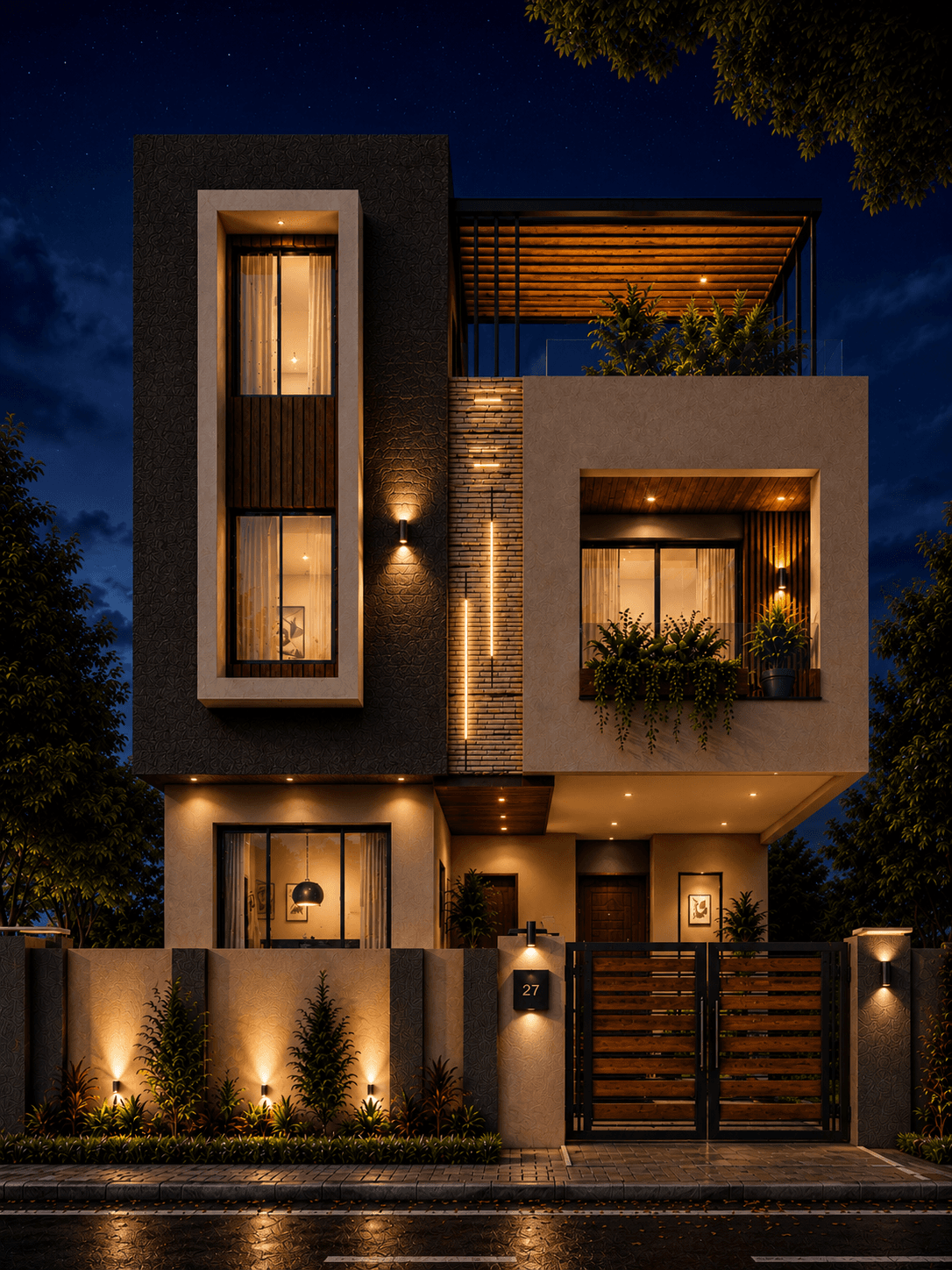 Modern Charcoal & Wood G+1 House Design - Night View