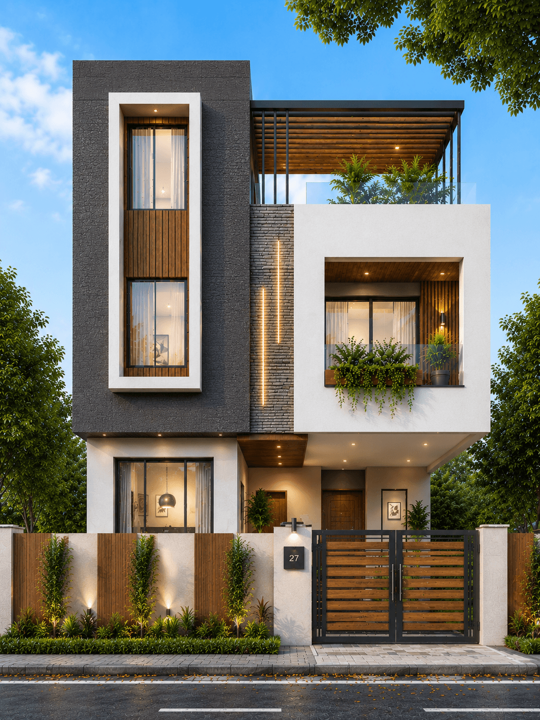 Modern Charcoal & Wood G+1 House Design - Alternate Facade