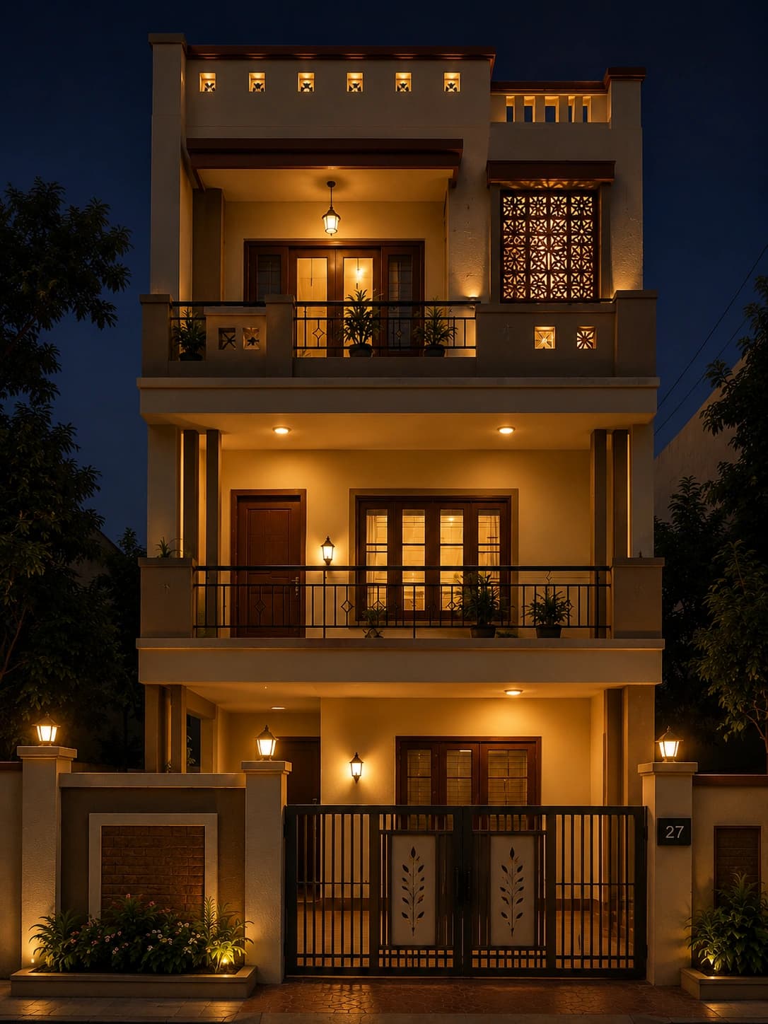 Modern Classic Cream G+2 House Design - Night View
