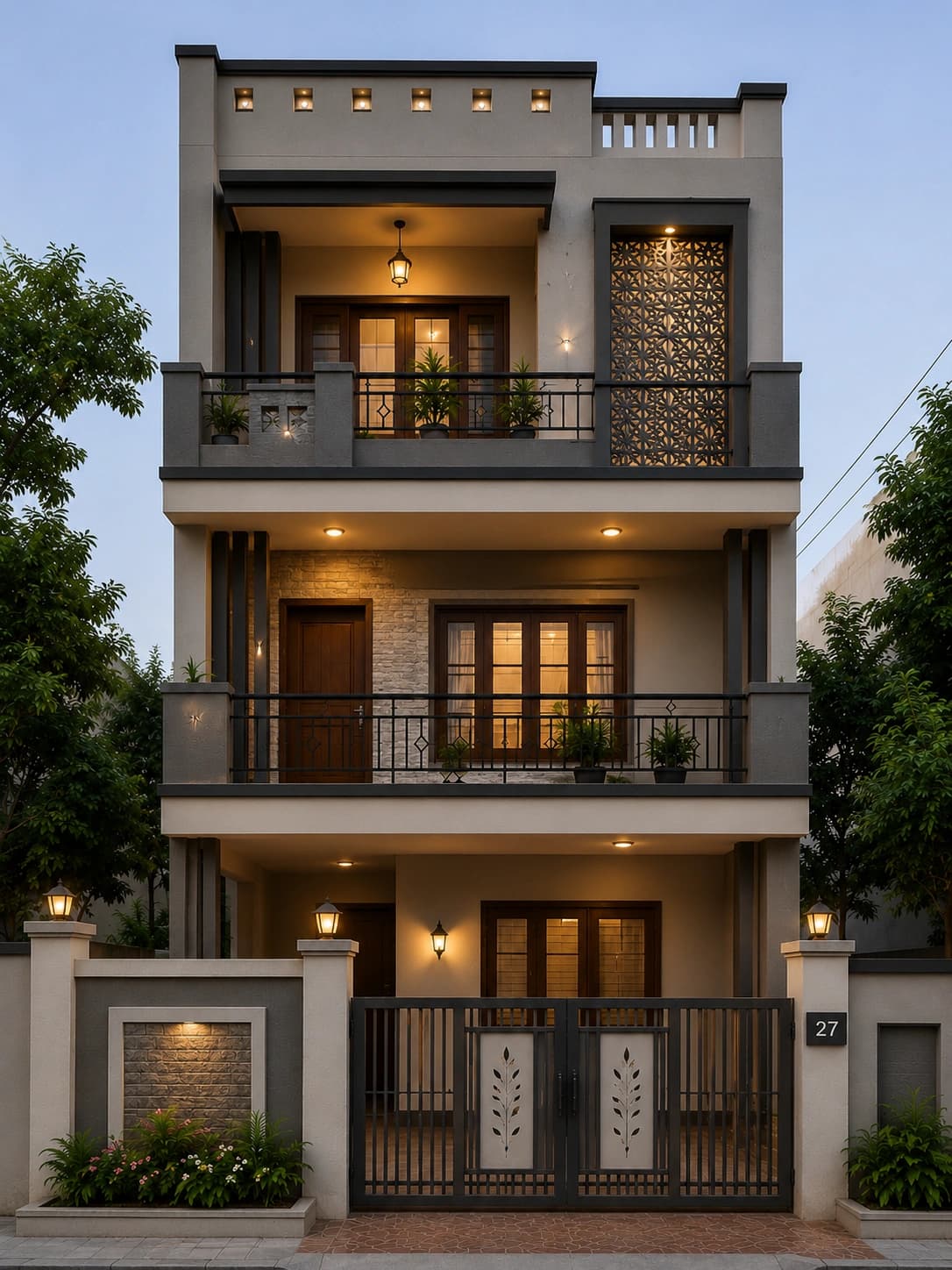 Modern Classic Cream G+2 House Design - Alternate Facade