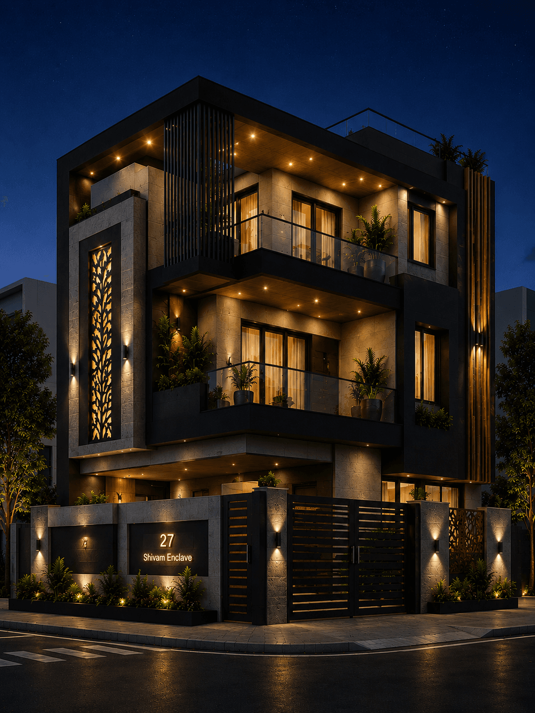 Modern Corner Grey G+2 House Design - Night View