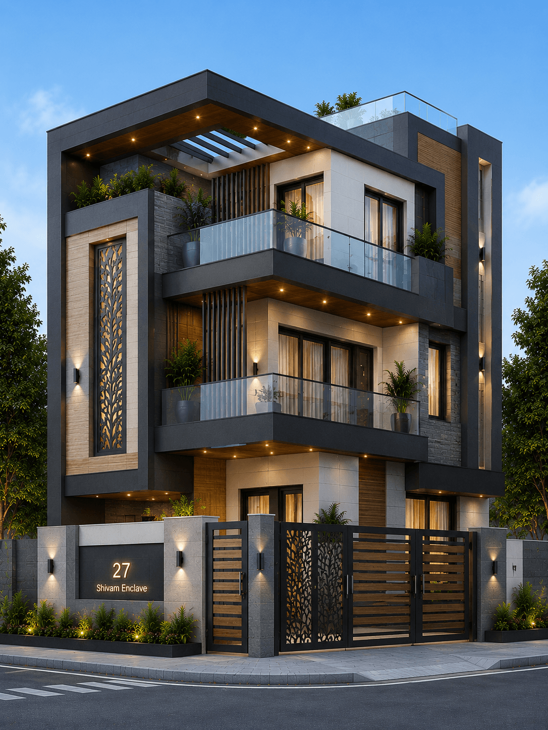 Modern Corner Grey G+2 House Design - Alternate Facade