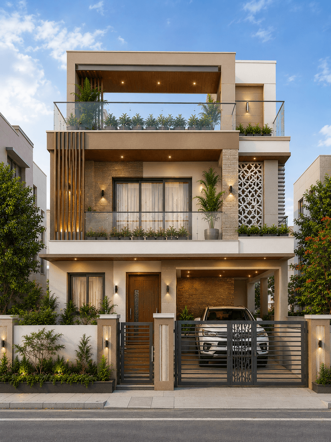 Modern Cream Stone Frame G+2 House Design