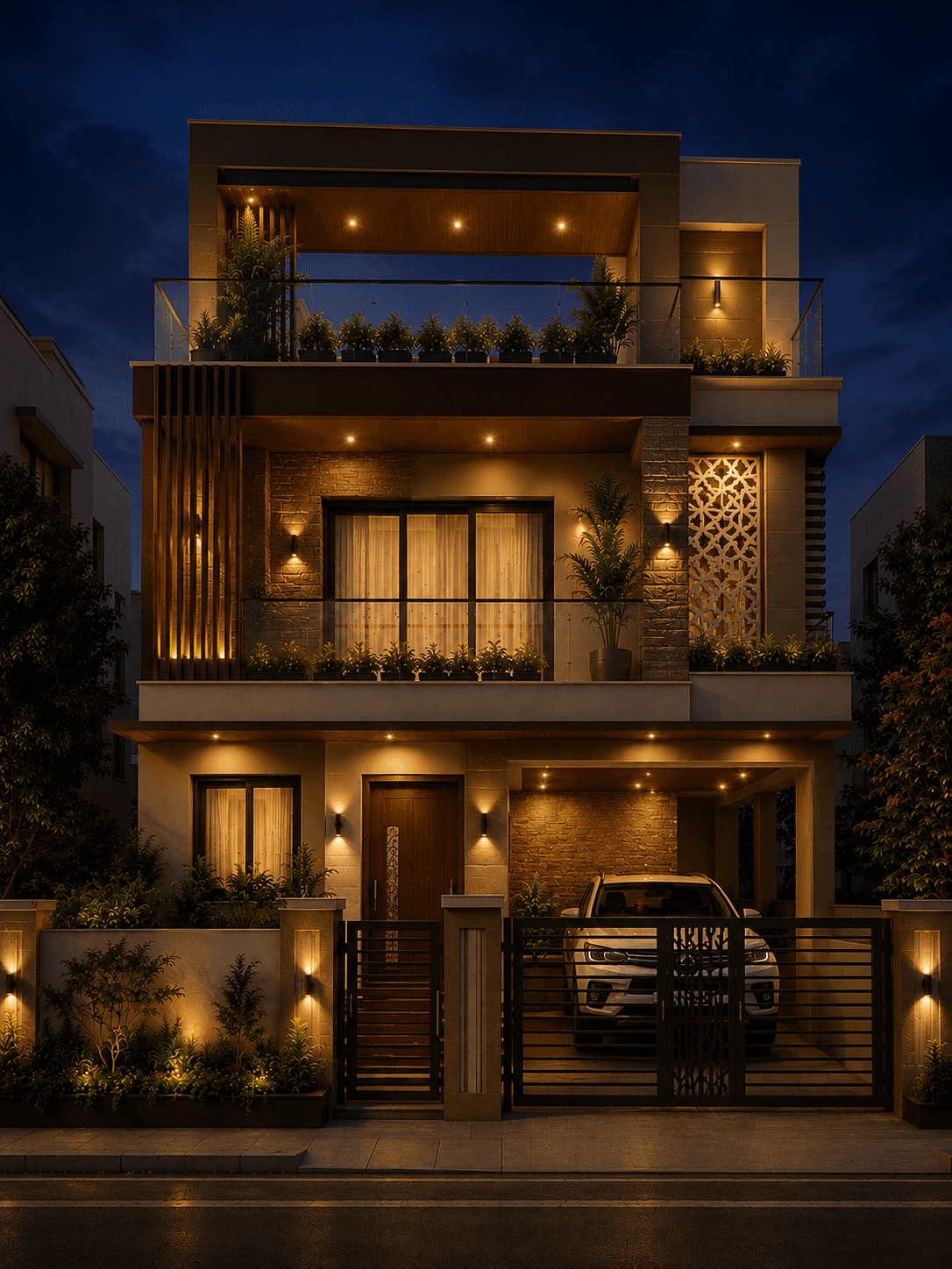 Modern Cream Stone Frame G+2 House Design - Night View