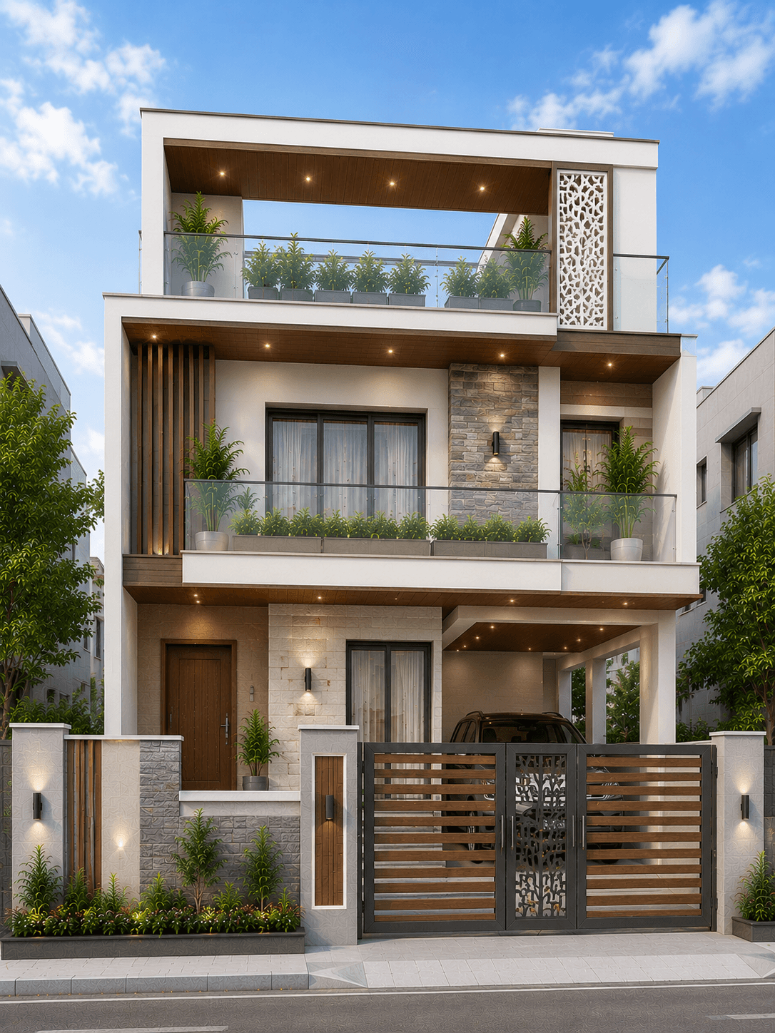 Modern Cream Stone Frame G+2 House Design - Alternate Facade
