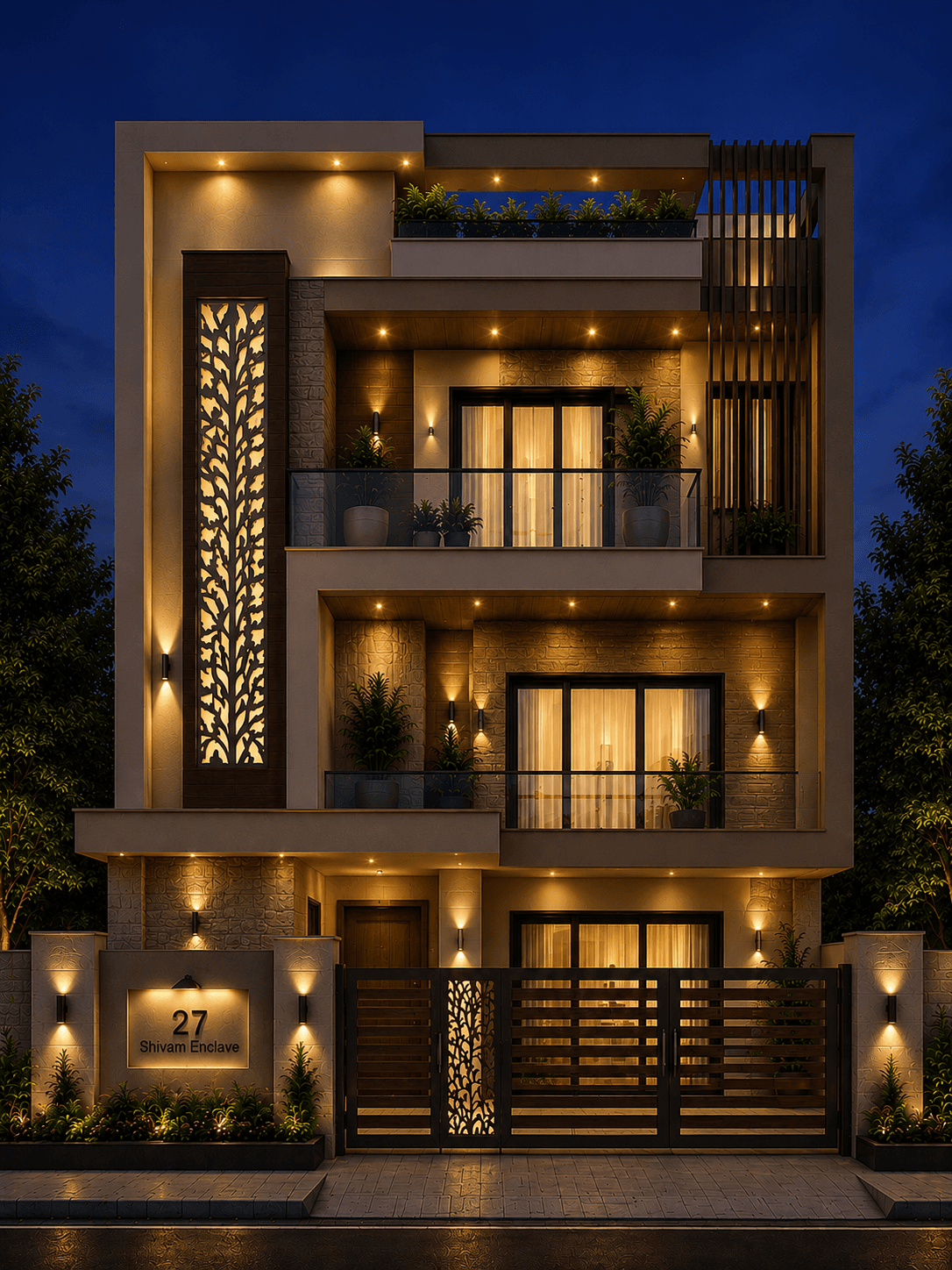 Modern Cream Stone G+2 House Design - Night View