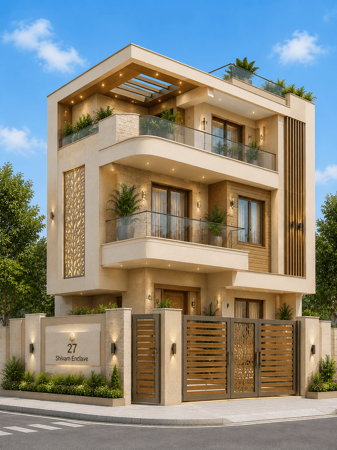 Modern Cream Stone G+2 House Design - Alternate Facade