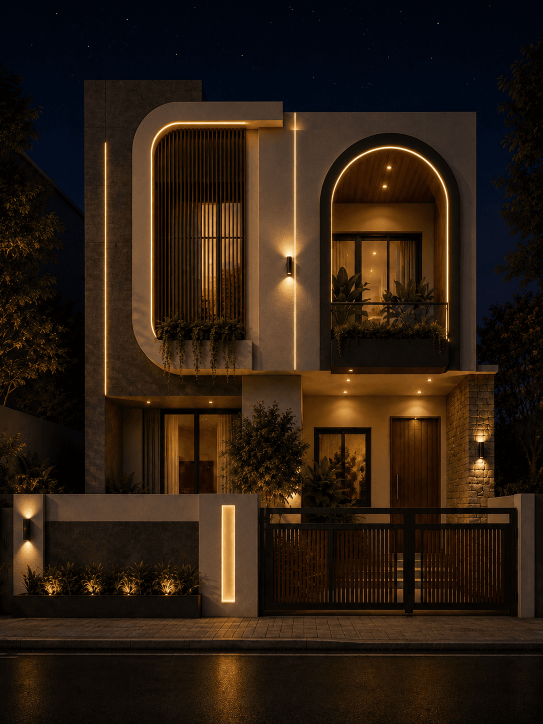 Modern Curved Facade G+1 House Design - Night View
