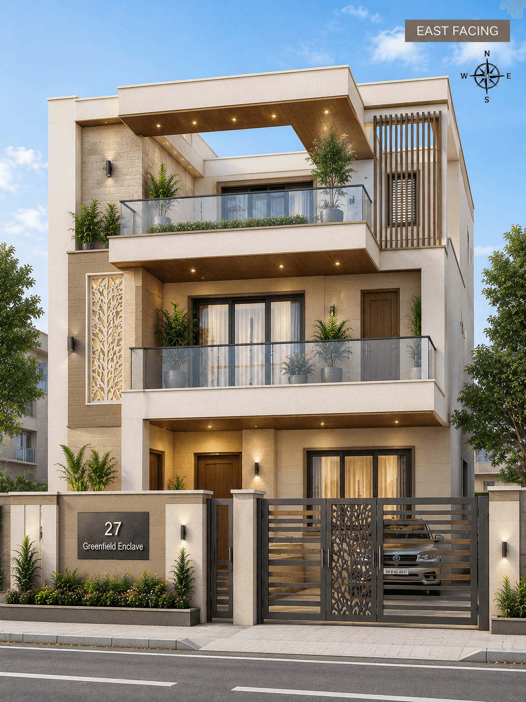 Modern East Facing Cream G+2 House Design