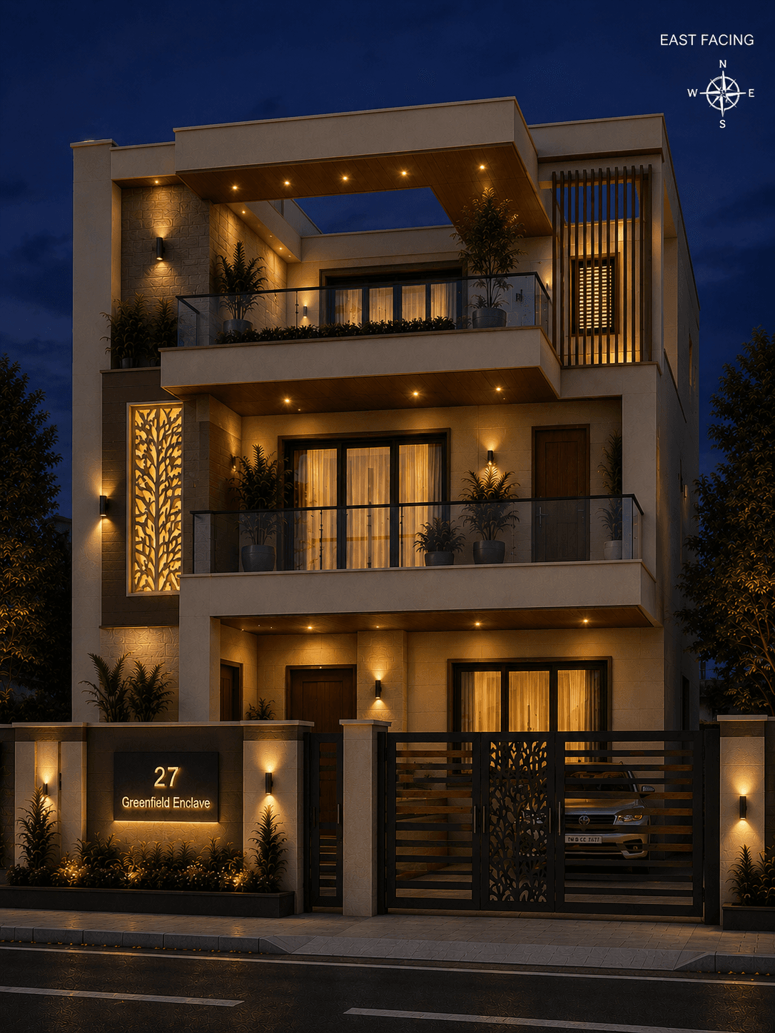 Modern East Facing Cream G+2 House Design - Night View