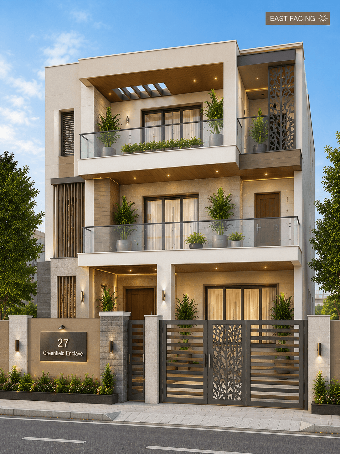 Modern East Facing Cream G+2 House Design - Alternate Facade