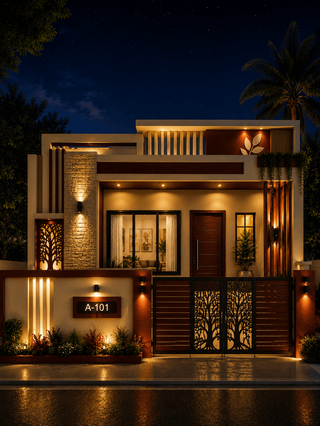Modern Flat Roof Ground Floor House Design - Night View