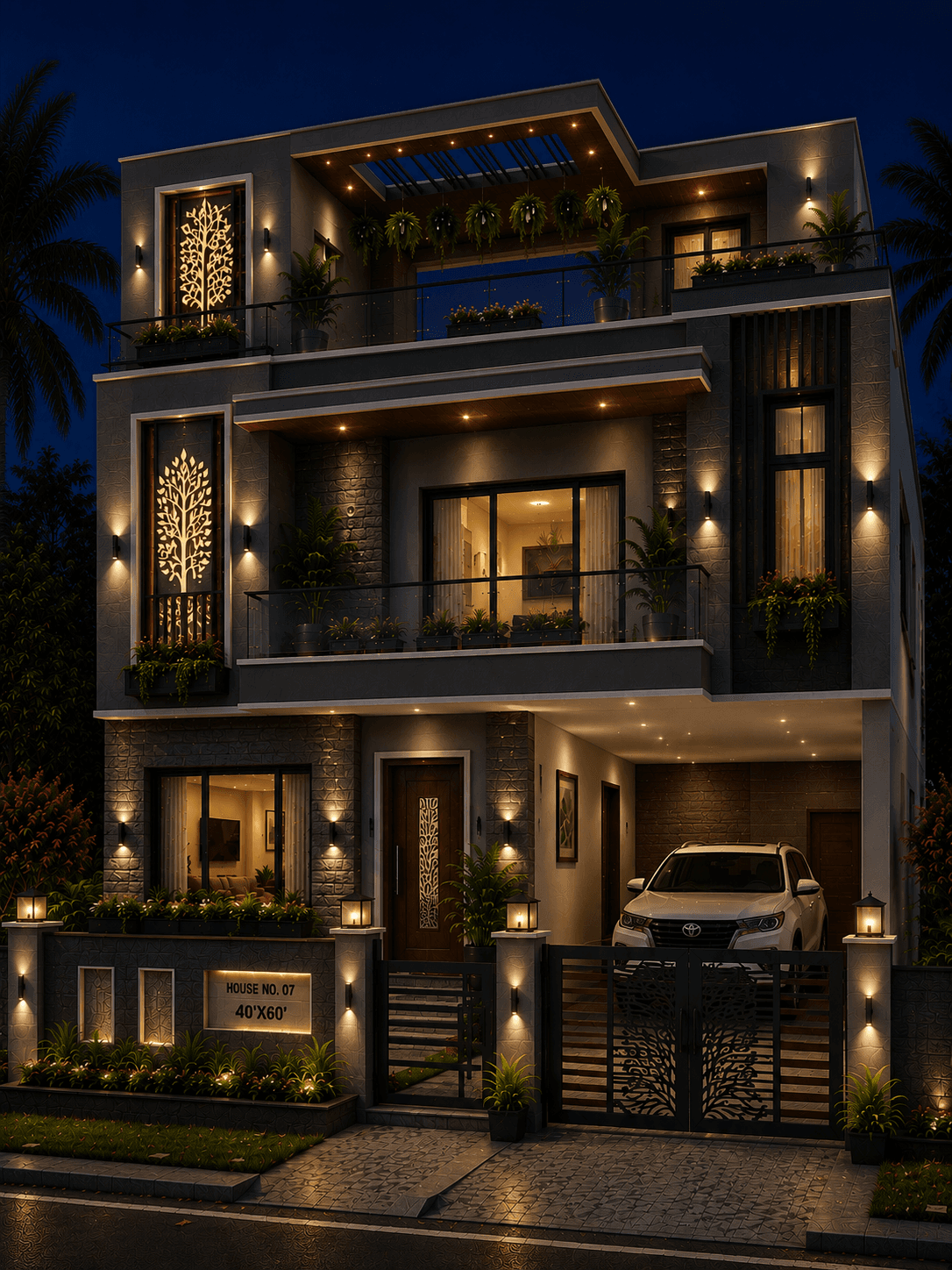 Modern Grey Luxury G+2 House Design with Open Terrace - Night View