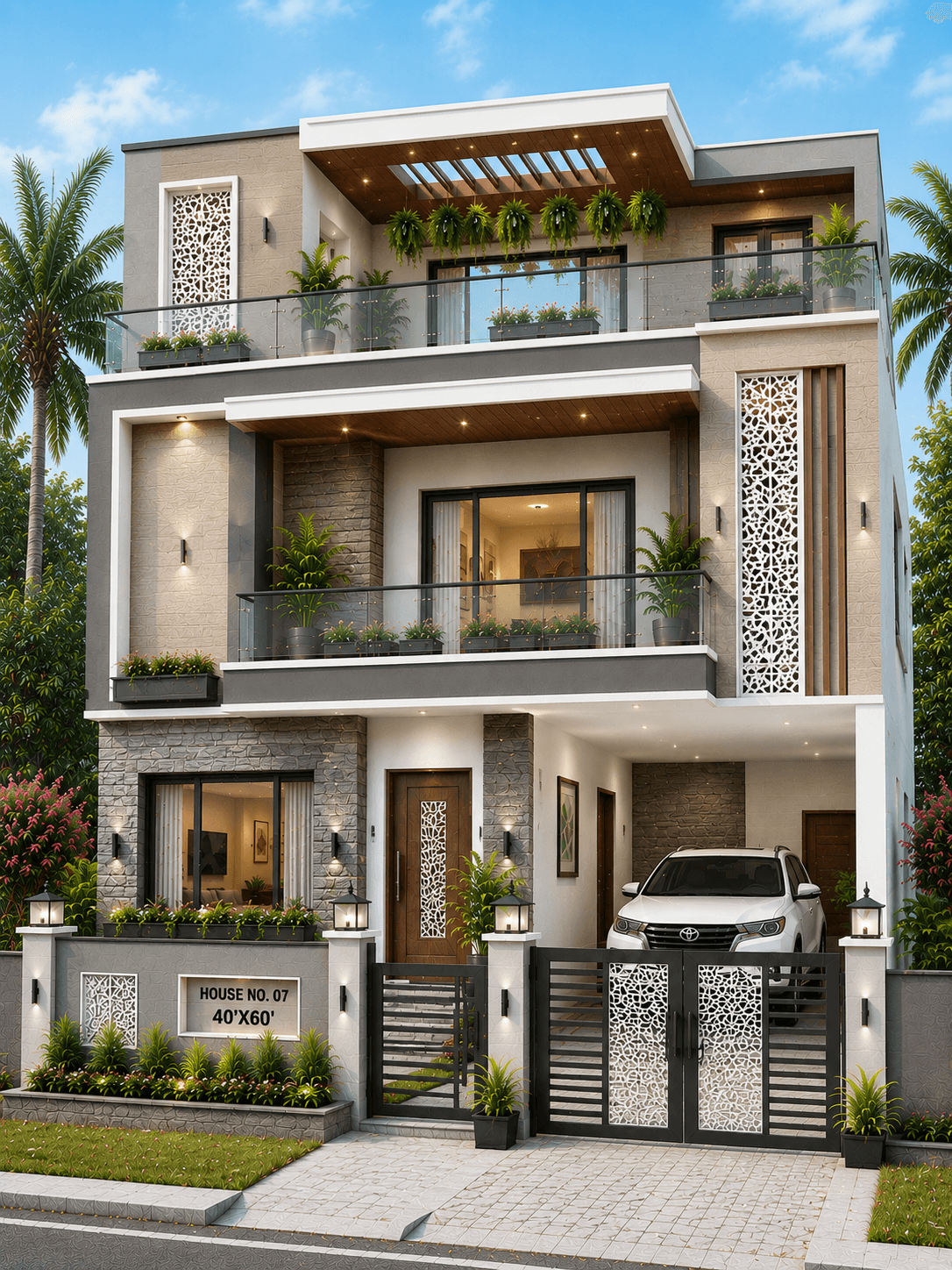 Modern Grey Luxury G+2 House Design with Open Terrace - Alternate Facade