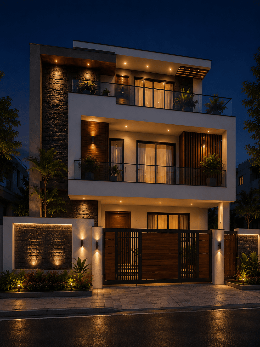 Modern Grey Stone G+2 House Design with Floating Balconies - Night View