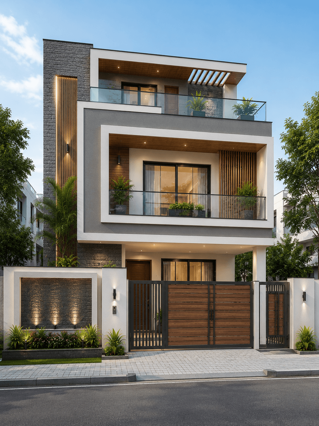 Modern Grey Stone G+2 House Design with Floating Balconies - Alternate Facade
