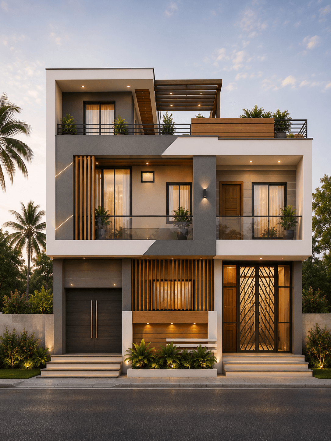 Modern Grey & White G+1 House Design with Rooftop Pergola