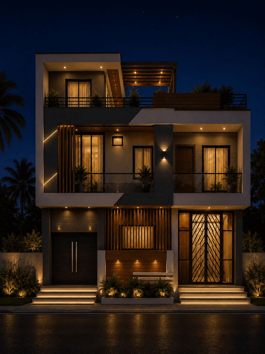 Modern Grey & White G+1 House Design with Rooftop Pergola - Night View